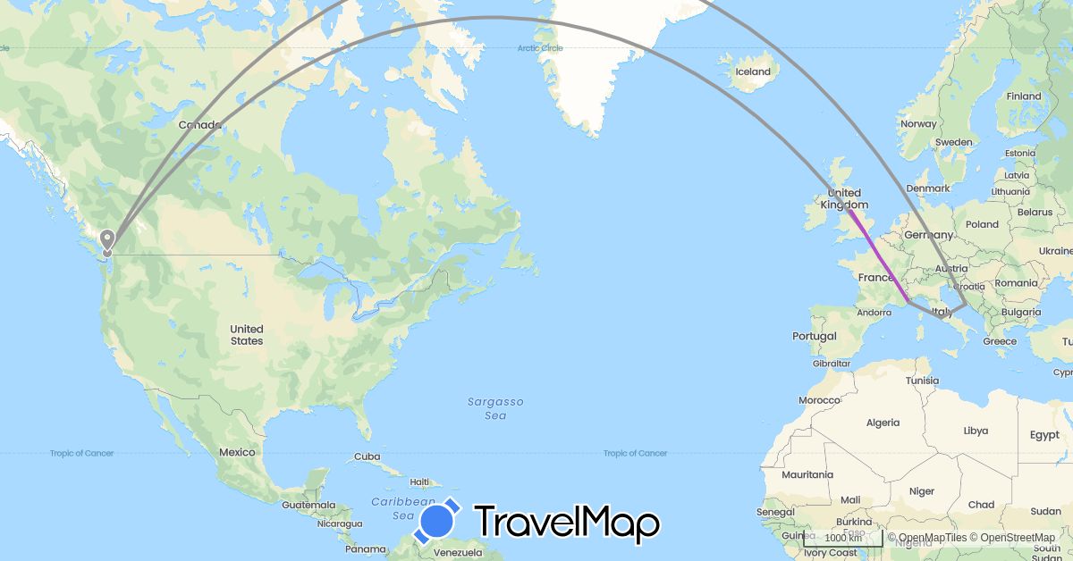 TravelMap itinerary: driving, plane, train in Canada, France, United Kingdom, Croatia, Italy (Europe, North America)